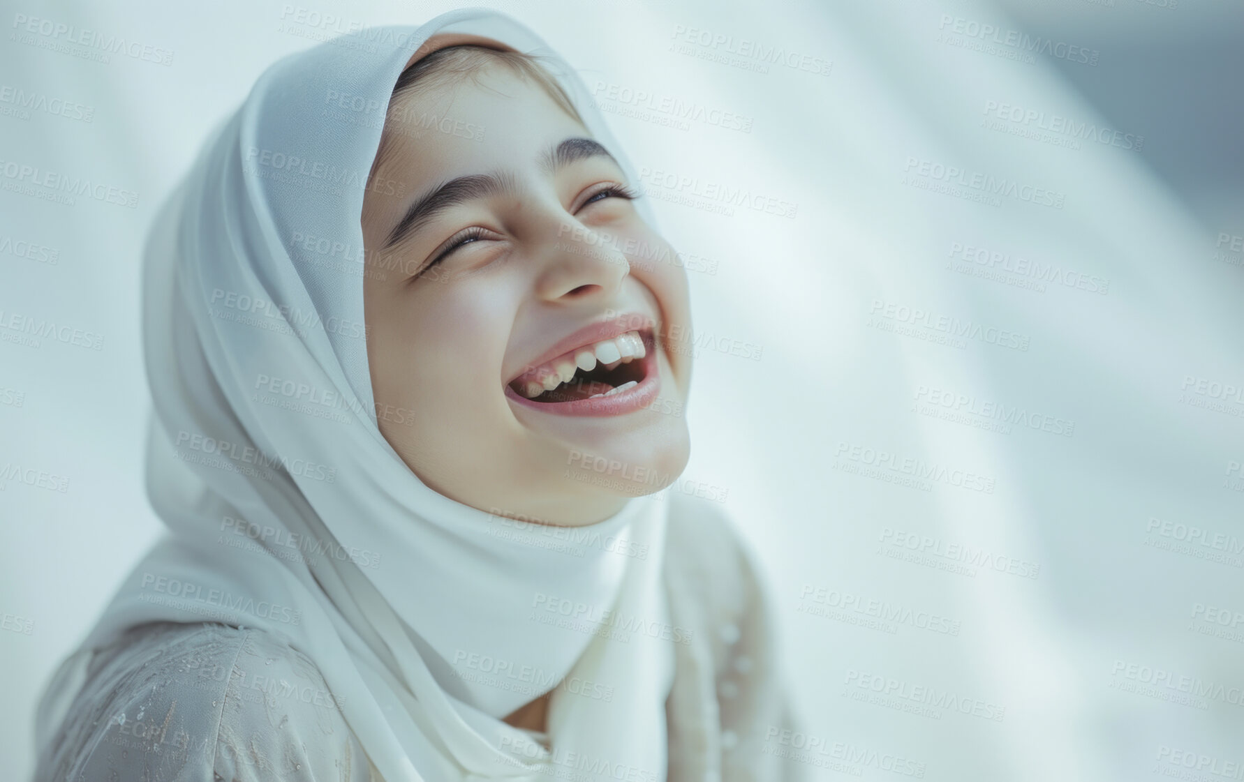 Buy stock photo Muslim, portrait and woman wearing a traditional scarf or hijab for beauty fashion, modesty, and Islam. Confident, smile and beautiful shot of happy girl for protest awareness, religion and hope