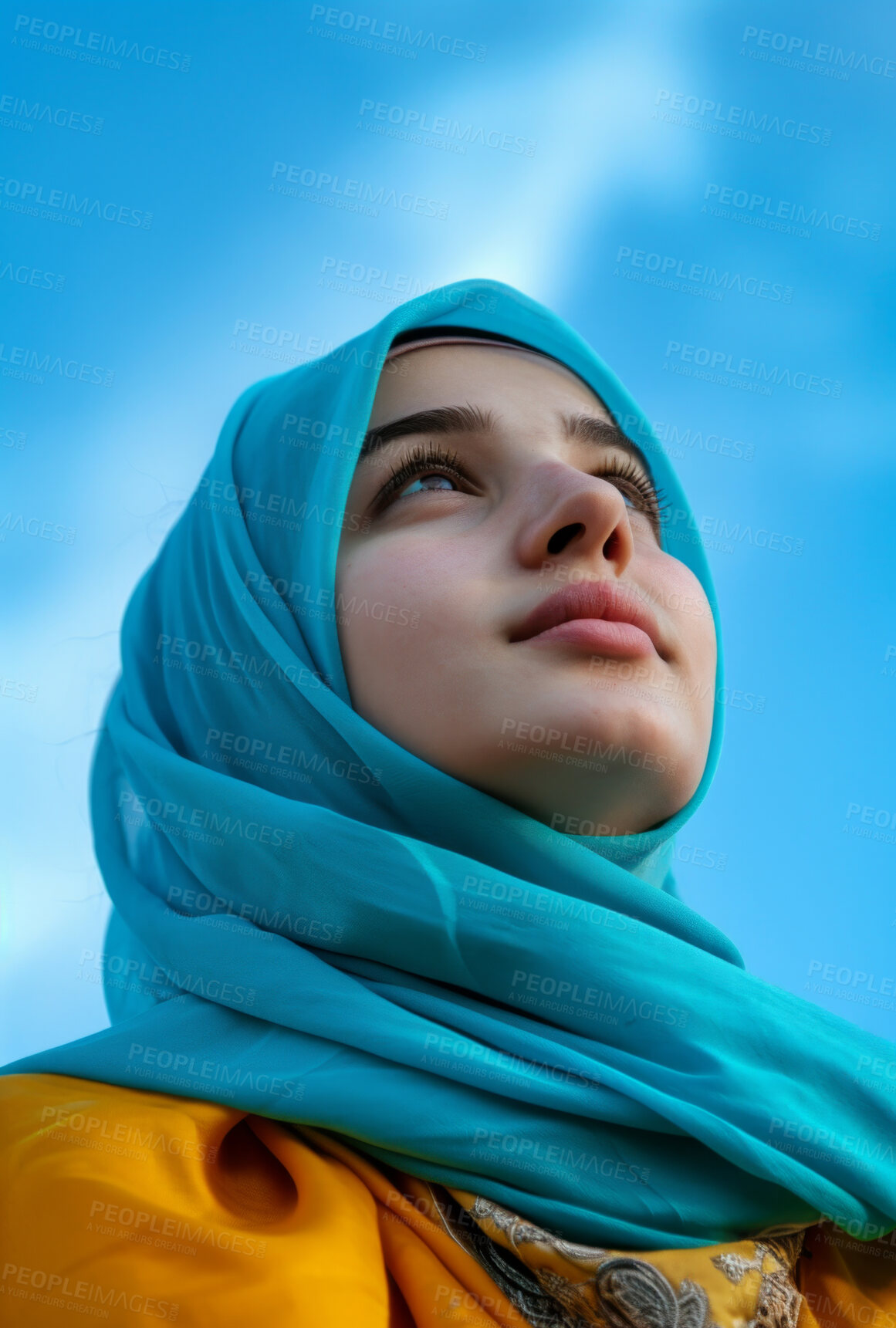 Buy stock photo Muslim, portrait and woman wearing a traditional scarf or hijab for beauty fashion, modesty, and Islam. Confident, vibrant and beautiful shot of girl with colorful textile for awareness and hope