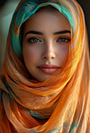 Muslim, portrait and woman wearing a traditional scarf or hijab for beauty fashion, modesty, and Islam. Confident, vibrant and beautiful shot of girl with colorful textile for awareness and hope