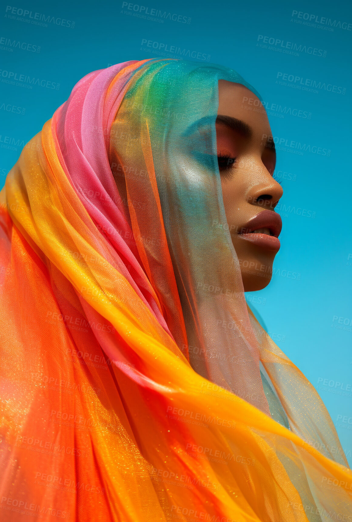 Buy stock photo Muslim, portrait and woman wearing a traditional scarf or hijab for beauty fashion, modesty, and Islam. Confident, vibrant and beautiful shot of girl with colorful textile for awareness and hope