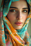 Muslim, portrait and woman wearing a traditional scarf or hijab for beauty fashion, modesty, and Islam. Confident, vibrant and beautiful shot of girl with colorful textile for awareness and hope