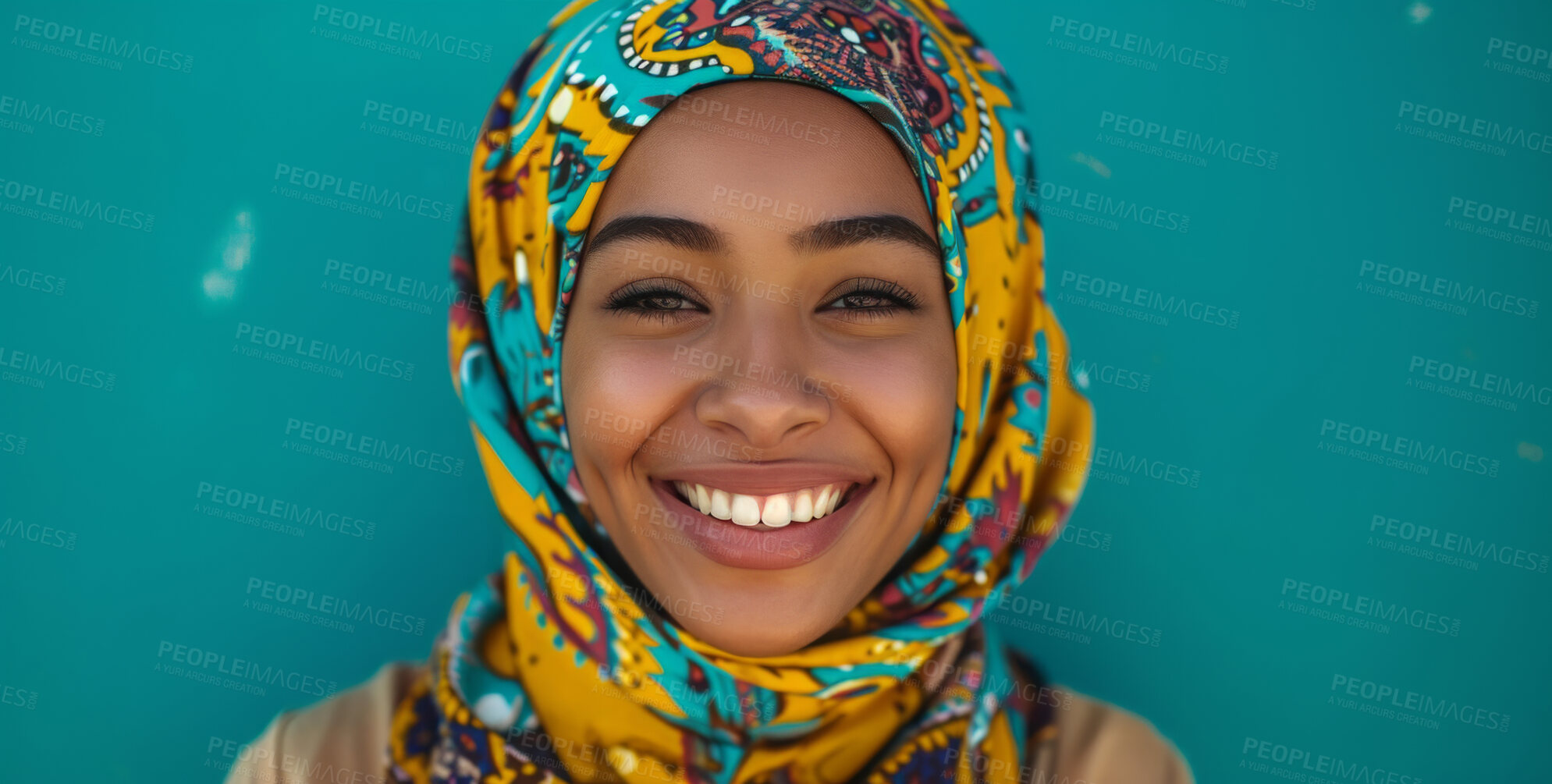 Buy stock photo Muslim, portrait and woman wearing a traditional scarf or hijab for beauty fashion, modesty, and Islam. Confident, vibrant and beautiful shot of girl with colorful textile for awareness and hope