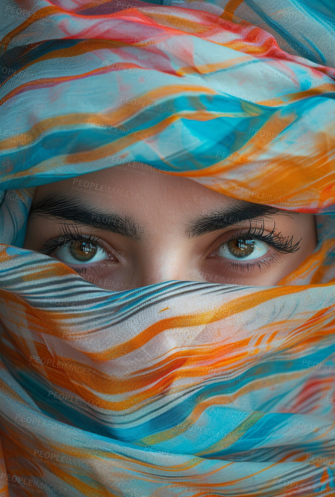 Buy stock photo Muslim, portrait and woman wearing a traditional scarf or hijab for beauty fashion, modesty, and Islam. Confident, vibrant and beautiful shot of girl with colorful textile for awareness and hope