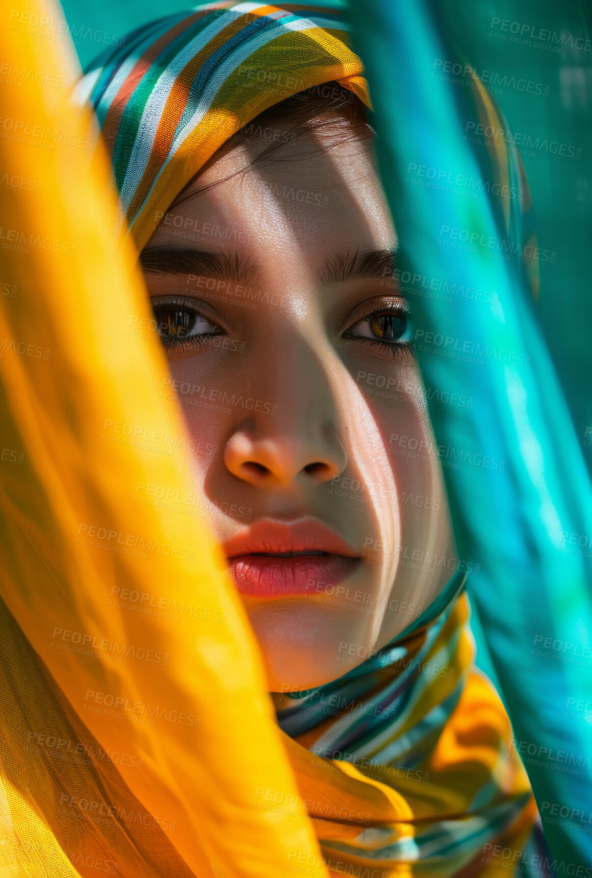 Buy stock photo Muslim, portrait and woman wearing a traditional scarf or hijab for beauty fashion, modesty, and Islam. Confident, vibrant and beautiful shot of girl with colorful textile for awareness and hope