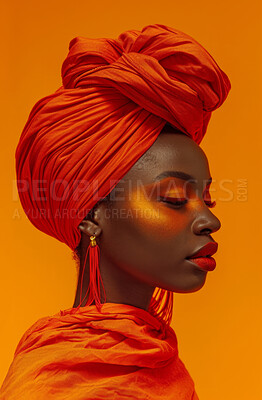 African, portrait and woman wearing a traditional head wrap for beauty fashion, modesty, and tradition. Confident, smile and beautiful colorful shot of a happy girl for contentment and skincare