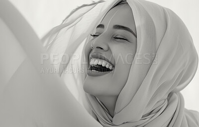 Muslim, portrait and woman wearing a traditional scarf or hijab for beauty fashion, modesty, and Islam. Confident, smile and beautiful shot of happy girl for protest awareness, religion and hope