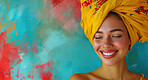 African, portrait and woman wearing a traditional head wrap for beauty fashion, modesty, and tradition. Confident, smile and beautiful colorful shot of a happy girl for contentment and skincare