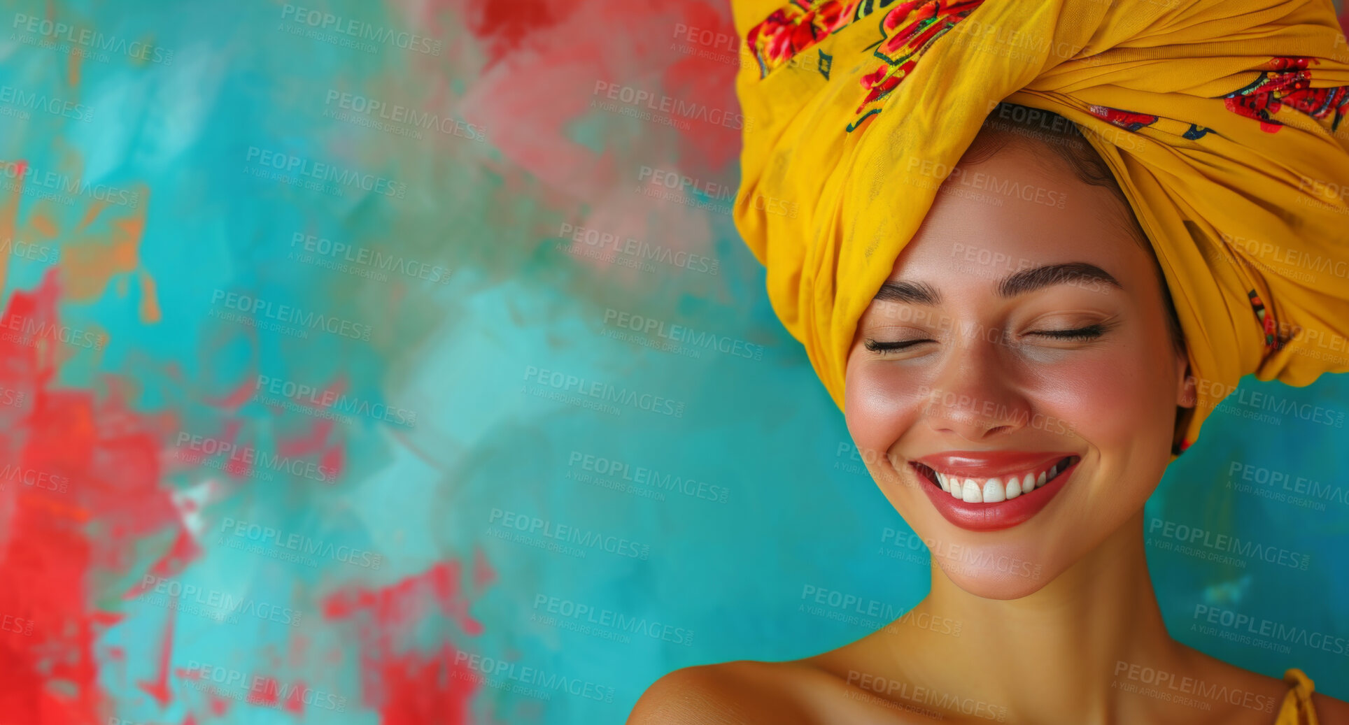 Buy stock photo African, portrait and woman wearing a traditional head wrap for beauty fashion, modesty, and tradition. Confident, smile and beautiful colorful shot of a happy girl for contentment and skincare