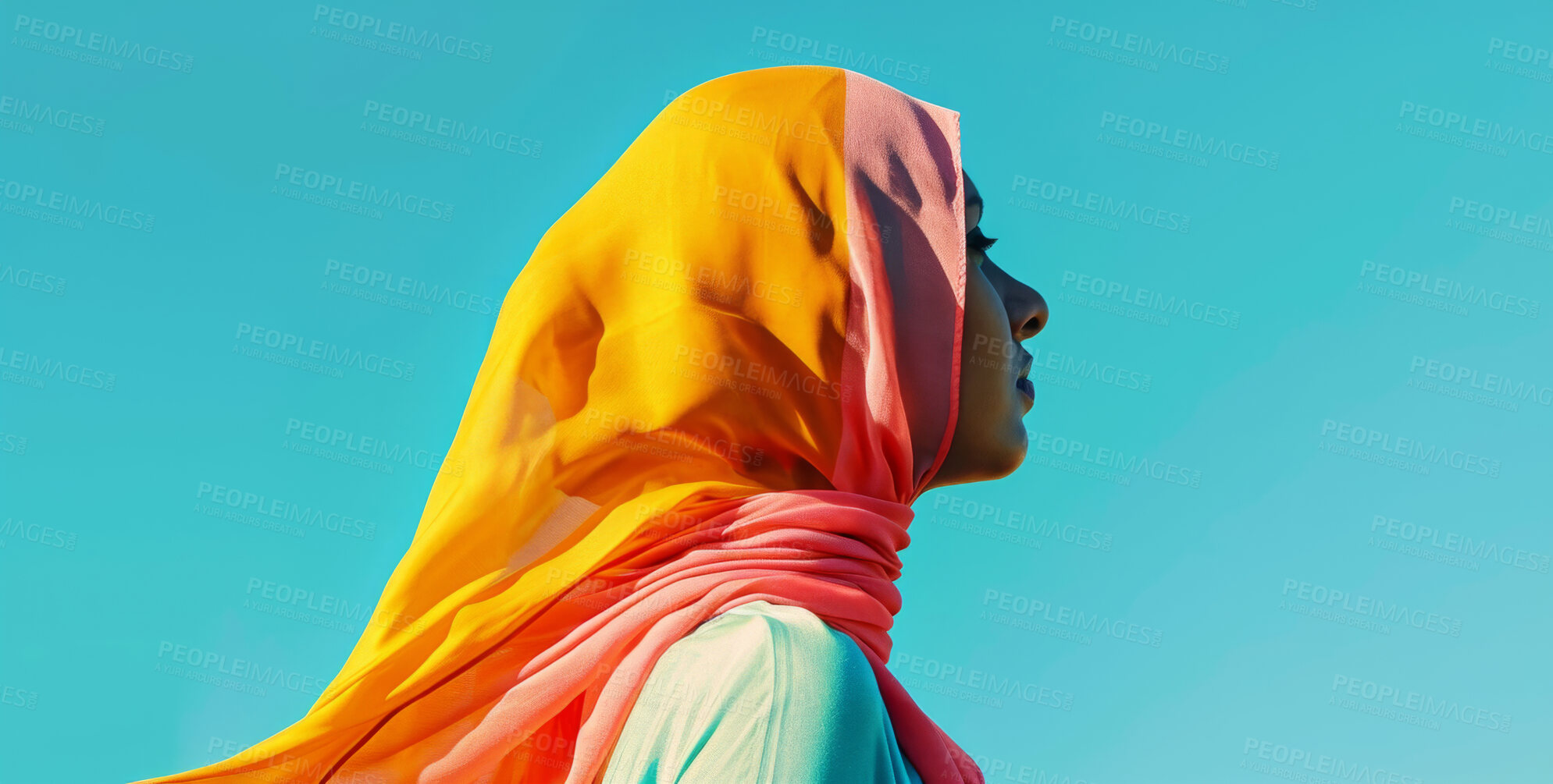 Buy stock photo Muslim, portrait and woman wearing a traditional scarf or hijab for beauty fashion, modesty, and Islam. Confident, vibrant and beautiful shot of girl with colorful textile for awareness and hope