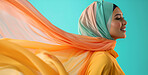 Muslim, portrait and woman wearing a traditional scarf or hijab for beauty fashion, modesty, and Islam. Confident, vibrant and beautiful shot of girl with colorful textile for awareness and hope