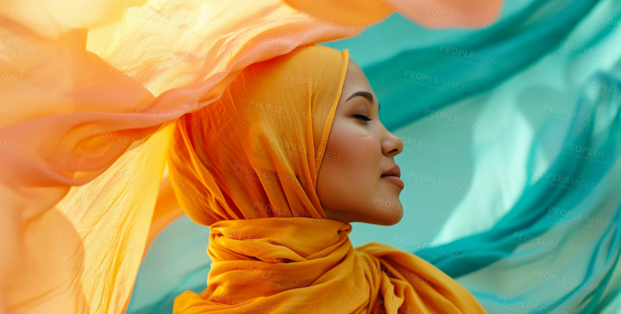 Buy stock photo Muslim, portrait and woman wearing a traditional scarf or hijab for beauty fashion, modesty, and Islam. Confident, vibrant and beautiful shot of girl with colorful textile for awareness and hope