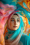 Muslim, portrait and woman wearing a traditional scarf or hijab for beauty fashion, modesty, and Islam. Confident, vibrant and beautiful shot of girl with colorful textile for awareness and hope