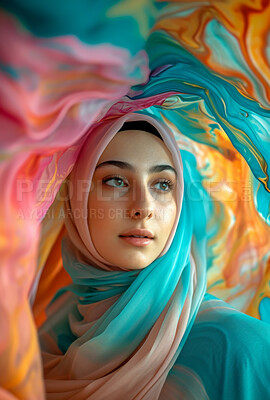 Buy stock photo Muslim, portrait and woman wearing a traditional scarf or hijab for beauty fashion, modesty, and Islam. Confident, vibrant and beautiful shot of girl with colorful textile for awareness and hope