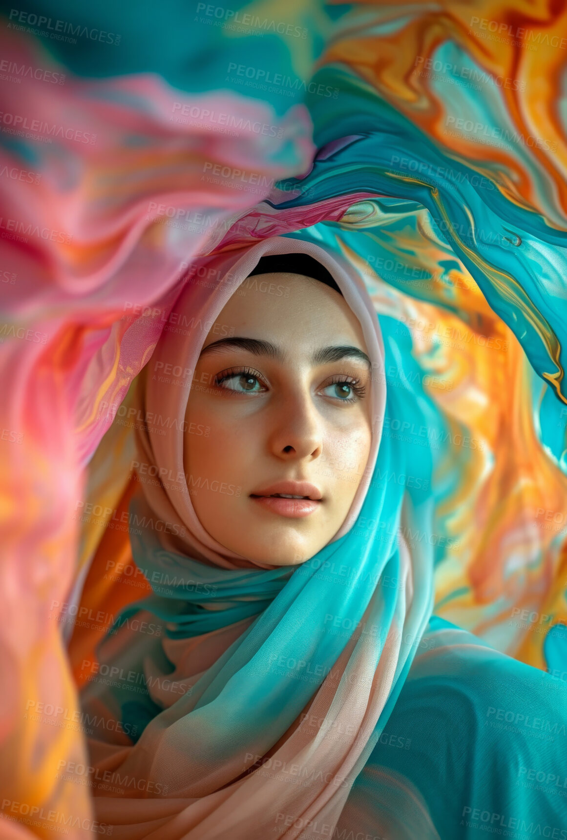 Buy stock photo Muslim, portrait and woman wearing a traditional scarf or hijab for beauty fashion, modesty, and Islam. Confident, vibrant and beautiful shot of girl with colorful textile for awareness and hope