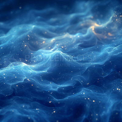 Buy stock photo Abstract blue, particle background and glitter glow with wave gradient, wallpaper and smooth designs for digital art, creativity and information technology in elegant style and glossy smooth curves