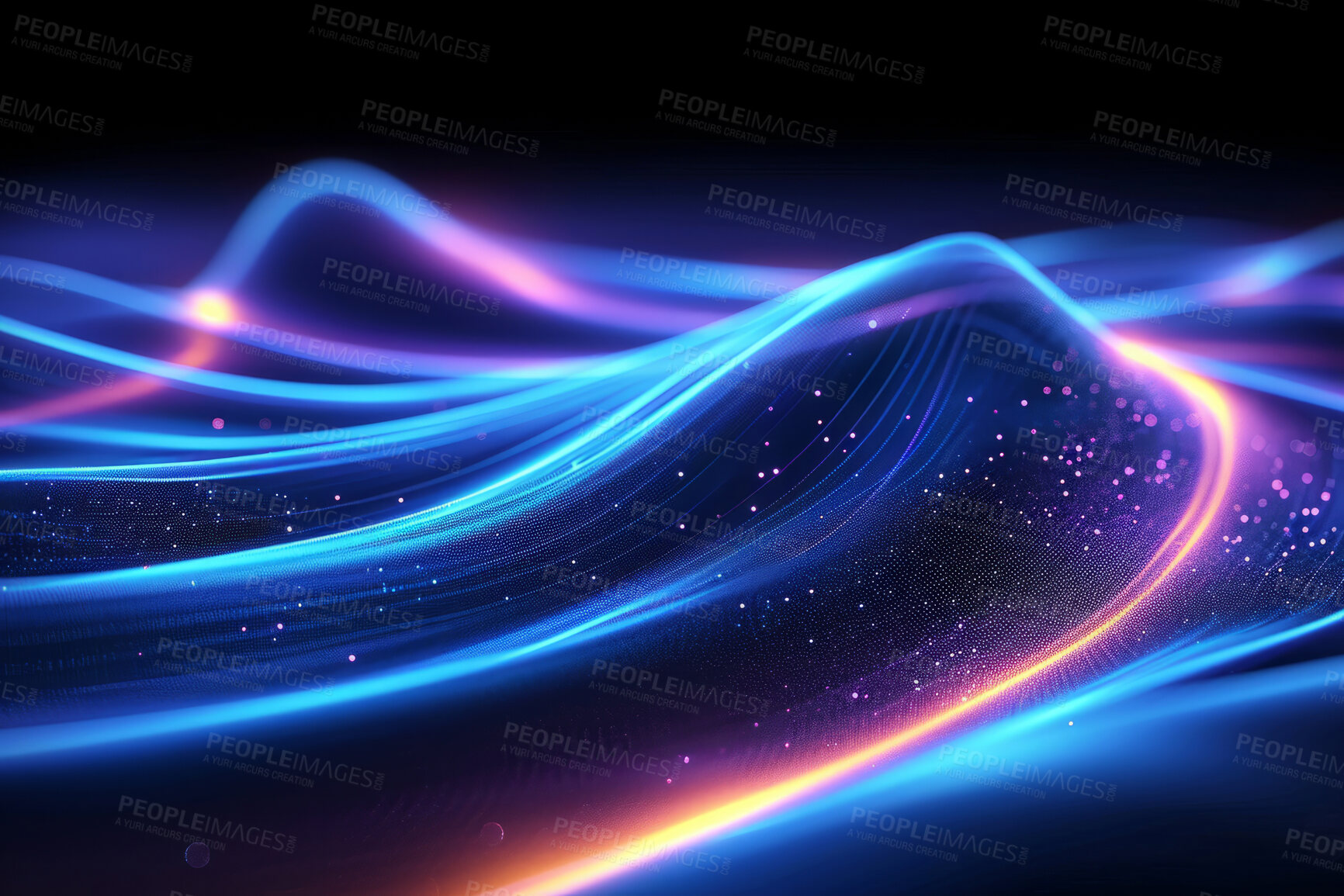 Buy stock photo Neon lines, graphic and background illustration. Wallpaper, futuristic and electrifying designs for digital art, creativity and information technology in mesmerizing style, abstract colour and waves