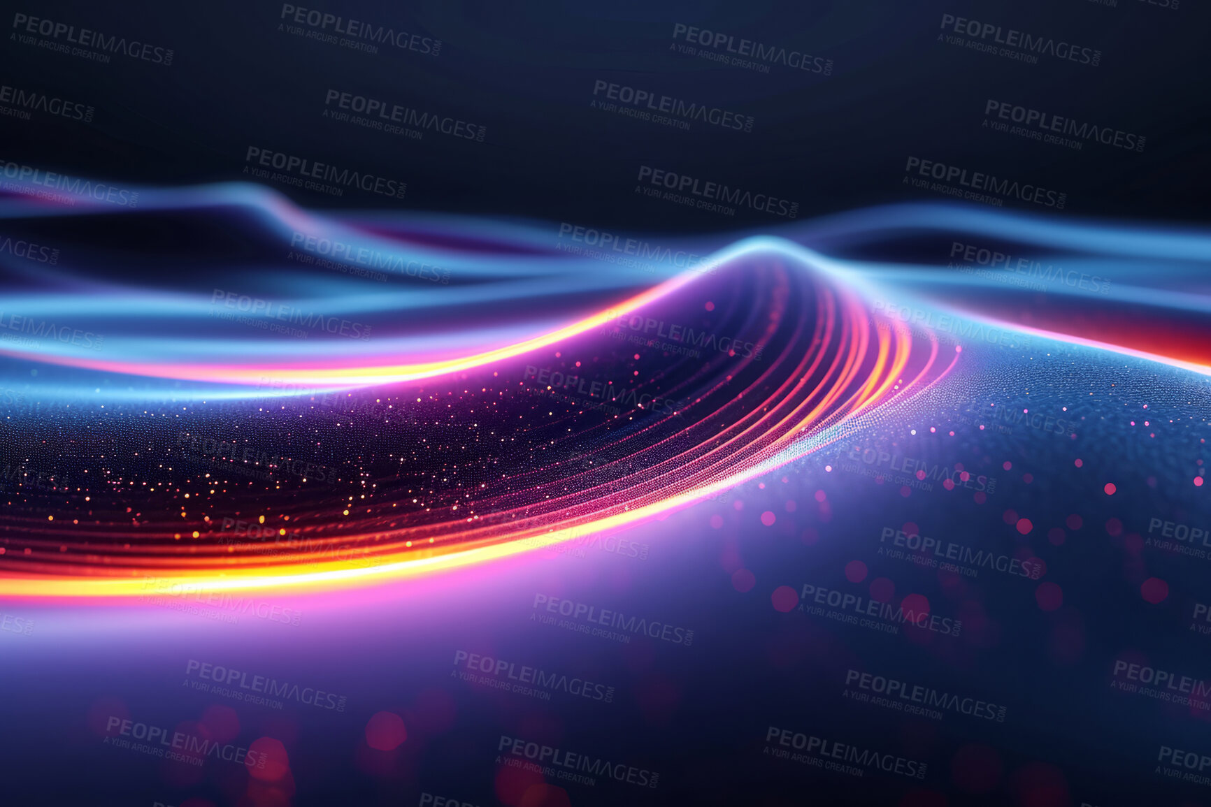 Buy stock photo Neon lines, graphic and background illustration. Wallpaper, futuristic and electrifying designs for digital art, creativity and information technology in mesmerizing style, abstract colour and waves