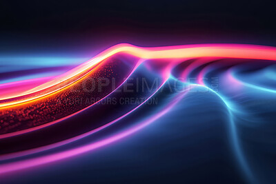 Buy stock photo Neon lines, graphic and background illustration. Wallpaper, futuristic and electrifying designs for digital art, creativity and information technology in mesmerizing style, abstract colour and waves