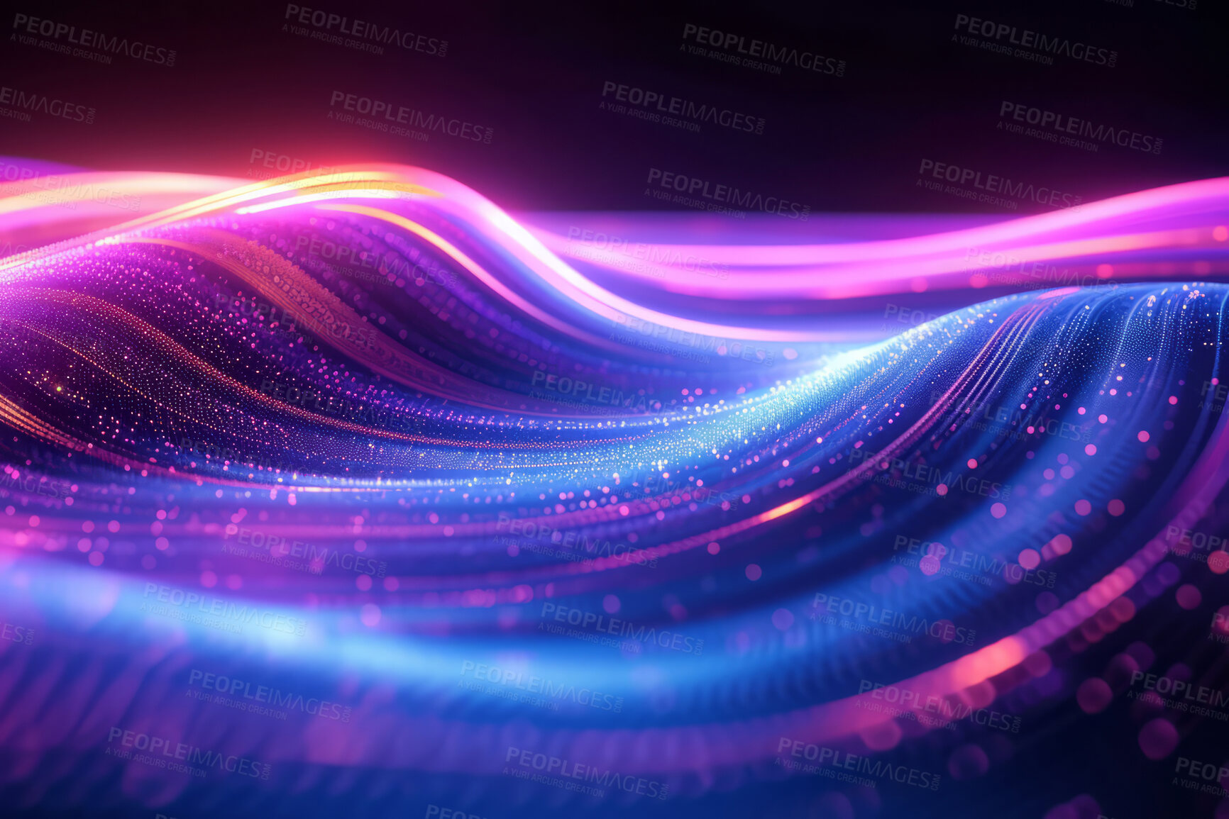 Buy stock photo Neon lines, graphic and background illustration. Wallpaper, futuristic and electrifying designs for digital art, creativity and information technology in mesmerizing style, abstract colour and waves