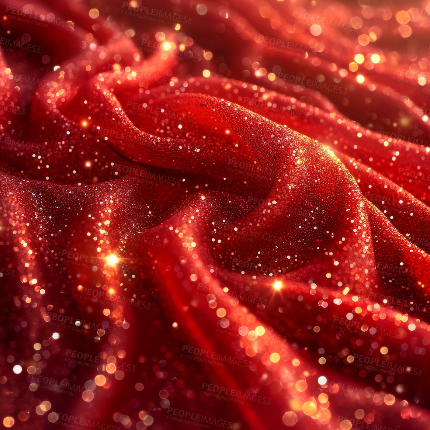 Buy stock photo Abstract red particles, futuristic background and glow with wave surface, wallpaper and smooth designs for digital art, creativity and information technology in elegant style and glossy smooth bokeh