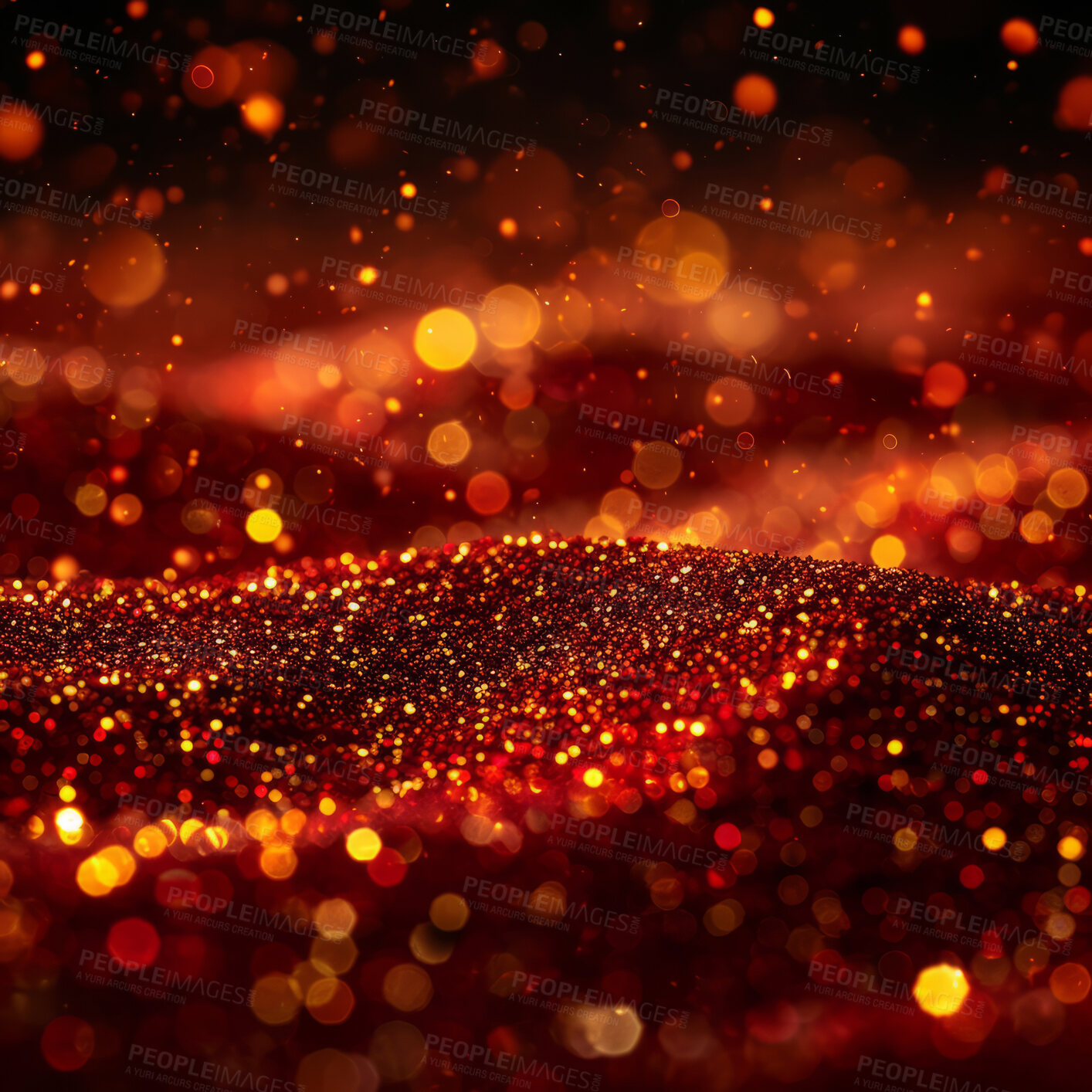 Buy stock photo Abstract red particles, futuristic background and glow with wave surface, wallpaper and smooth designs for digital art, creativity and information technology in elegant style and glossy smooth bokeh