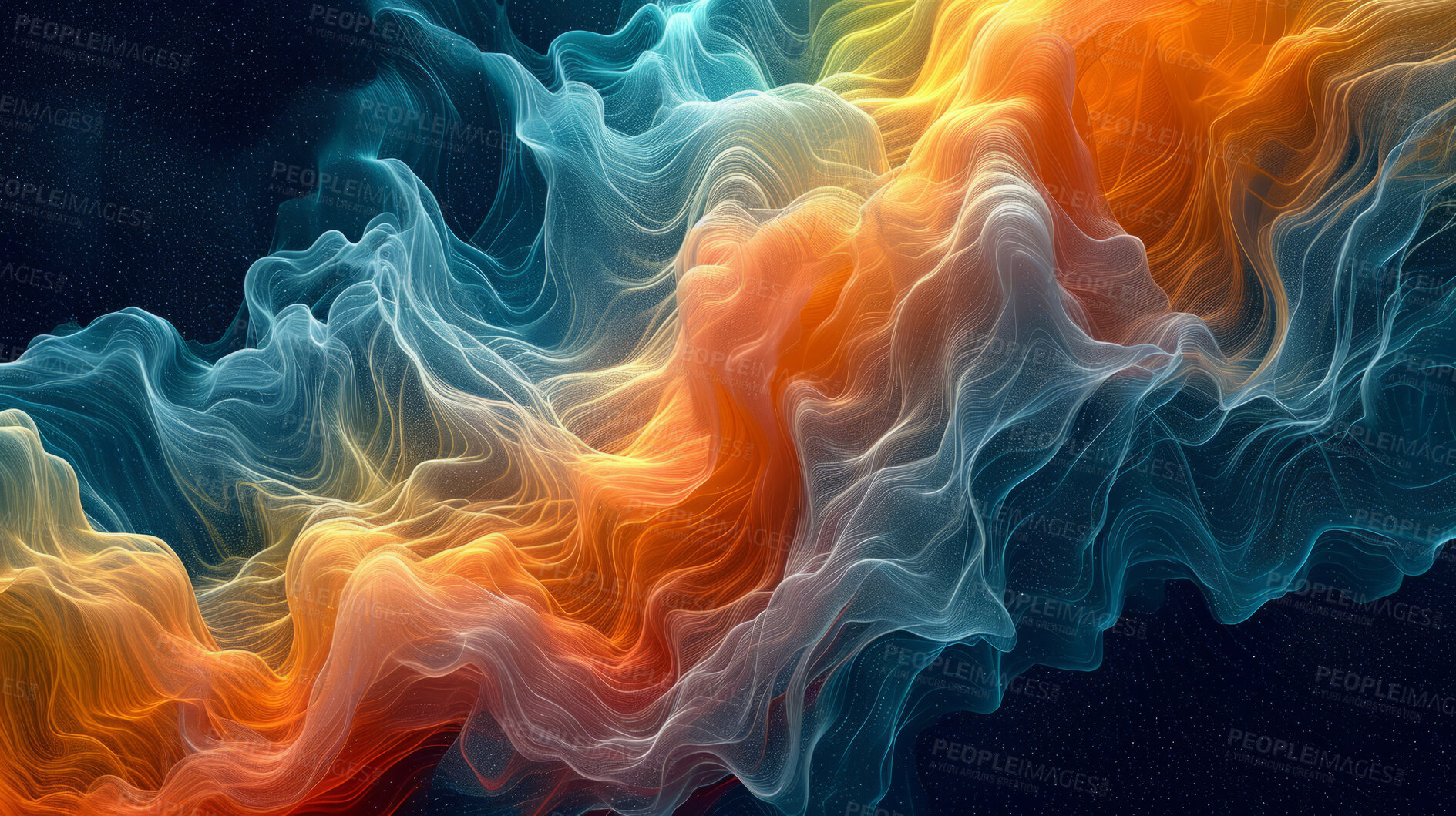 Buy stock photo Abstract, digital and background waves. Wallpaper, futuristic and particles for digital, design and illustrative art with creativity, information technology in mesmerizing style, vibrant colour