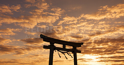 Buy stock photo Torii gate, sunset sky in Japan with nature, zen and spiritual history on travel adventure. Shinto architecture, Asian culture and calm clouds on Japanese landscape with sacred monument at shrine.