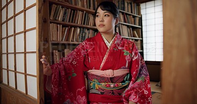 Buy stock photo Japanese, woman and kimono with relax for culture, tea ceremony and thinking or ideas in Chashitsu. Thoughtful, person and vintage dress or fashion for temae, ritual and waiting for hospitality