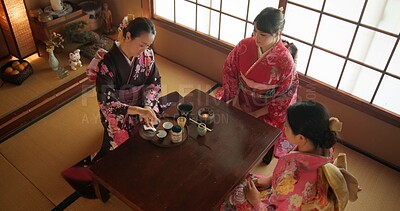 Buy stock photo Japanese, women and kimono for tea ceremony in Chashitsu with matcha or custom tradition. People, temae and vintage style dress or top view for culture, fashion and honor with antique crockery