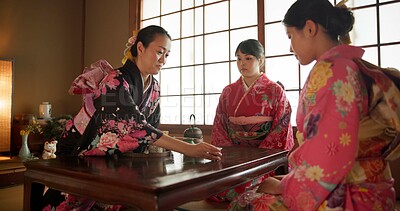 Buy stock photo Japanese, women and kimono for tea ceremony in Chashitsu with matcha or custom tradition. People, temae and vintage style outfit or dress for culture, heritage and happy with waiting and pride