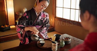 Buy stock photo Japanese, woman and matcha for tea ceremony in Chashitsu room with kimono dress and traditional custom. Person, temae and vintage style outfit for culture, fashion and honor with antique crockery 