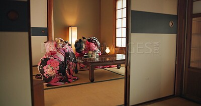 Buy stock photo Traditional, bow and Japanese women with tea in home with herbs, leaves and flavor in teapot. Ritual, indigenous culture and people with herbal beverage for respect, drinking ceremony and wellness