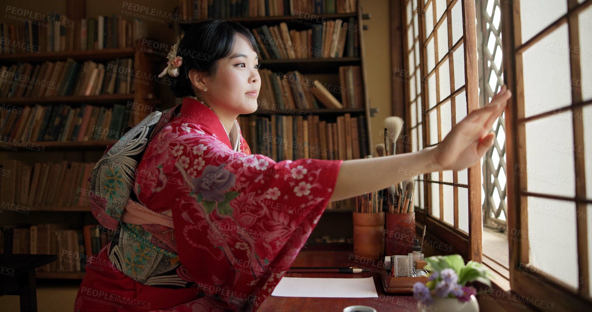 Buy stock photo Open window, Japanese and woman with architecture, apartment and morning with culture. Library, calm and zen with sliding door, female person and traditional dress with accommodation in Tokyo