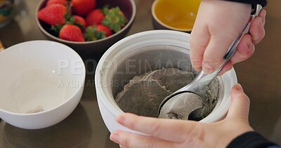 Buy stock photo Hands, ice cream and fruit in kitchen for cooking or preparing dessert on wooden table from above. Food, strawberry or ingredients for recipe with professional culinary chef in restaurant or class