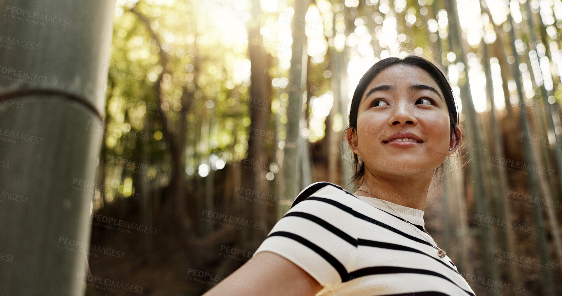 Buy stock photo Happy, bamboo and Japanese woman in forest for adventure on holiday, vacation and morning in woods. Travel, nature and person with natural plants in woods for explore, walking and freedom in Kyoto