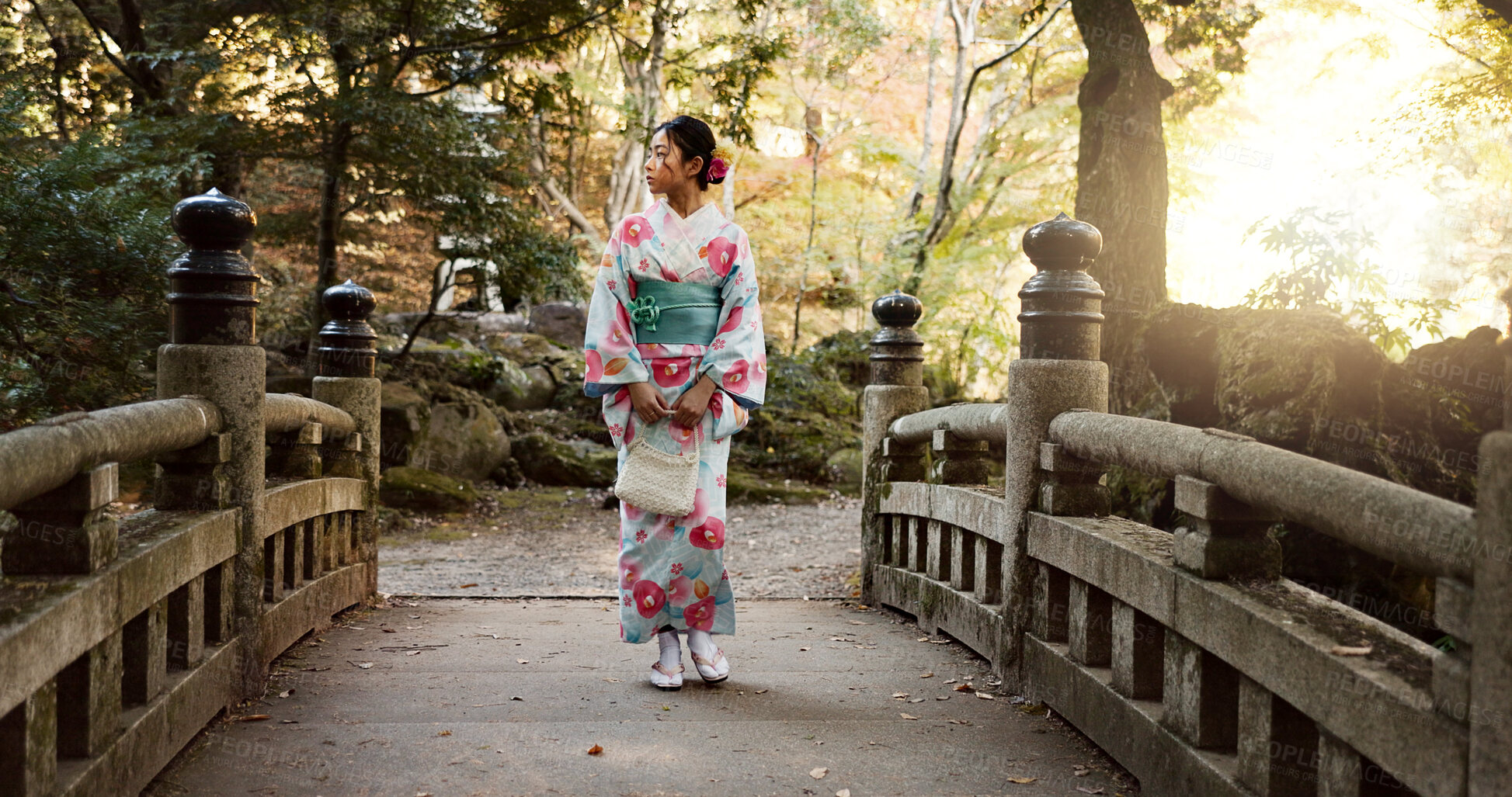 Buy stock photo Bridge, traditional and Japanese woman in park for walking, fresh air and relax outdoors. Travel, culture and person thinking, wonder and calm in indigenous clothes, fashion and kimono on holiday