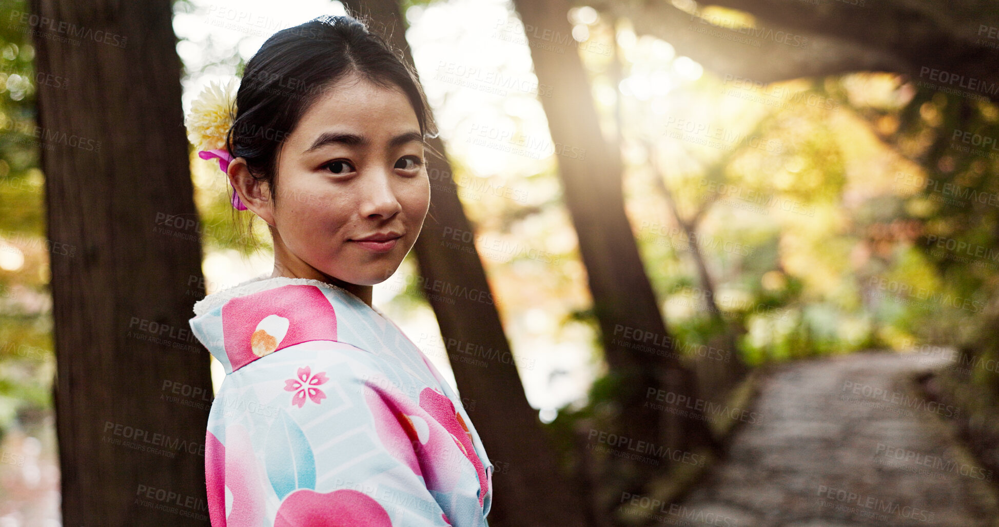 Buy stock photo Park, traditional and portrait of Japanese woman for wellness, fresh air and relax outdoors. Travel, culture and person in indigenous clothes, fashion and kimono walking for zen, peace and nature