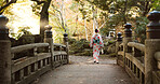 Bridge, walking and Japanese woman in park for wellness, fresh air and relaxing in nature. Travel, traditional and person in indigenous clothes, fashion and kimono outdoors for zen, calm and peace