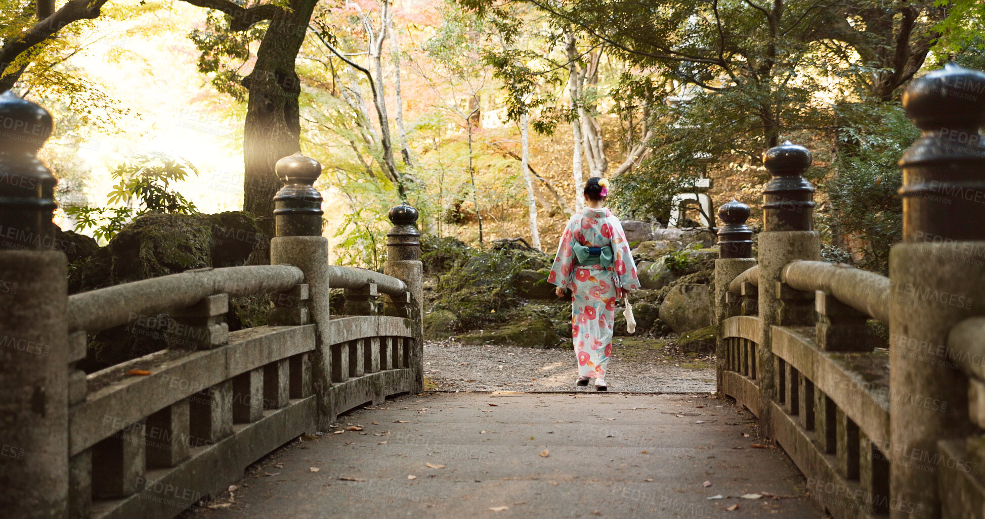 Buy stock photo Bridge, walking and Japanese woman in park for wellness, fresh air and relaxing in nature. Travel, traditional and person in indigenous clothes, fashion and kimono outdoors for zen, calm and peace