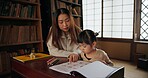 Child, mother and teaching education in home for drawing in Japanese or tutor schooling, development or book. Female person, girl daughter and pencils in Tokyo or writing lesson, studying or creative