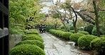 Buddhist temple, japan and religion in cemetery to worship, praise and prayer building in culture. Japanese path, spiritual hope and travel in peace in rain, shinto shrine and graveyard in tokyo city