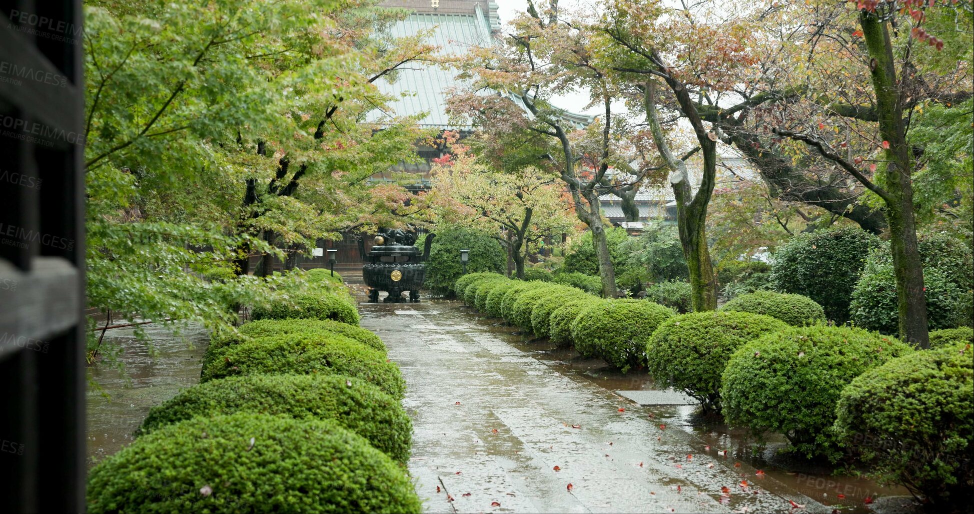 Buy stock photo Buddhist temple, japan and religion in cemetery to worship, praise and prayer building in culture. Japanese path, spiritual hope and travel in peace in rain, shinto shrine and graveyard in tokyo city