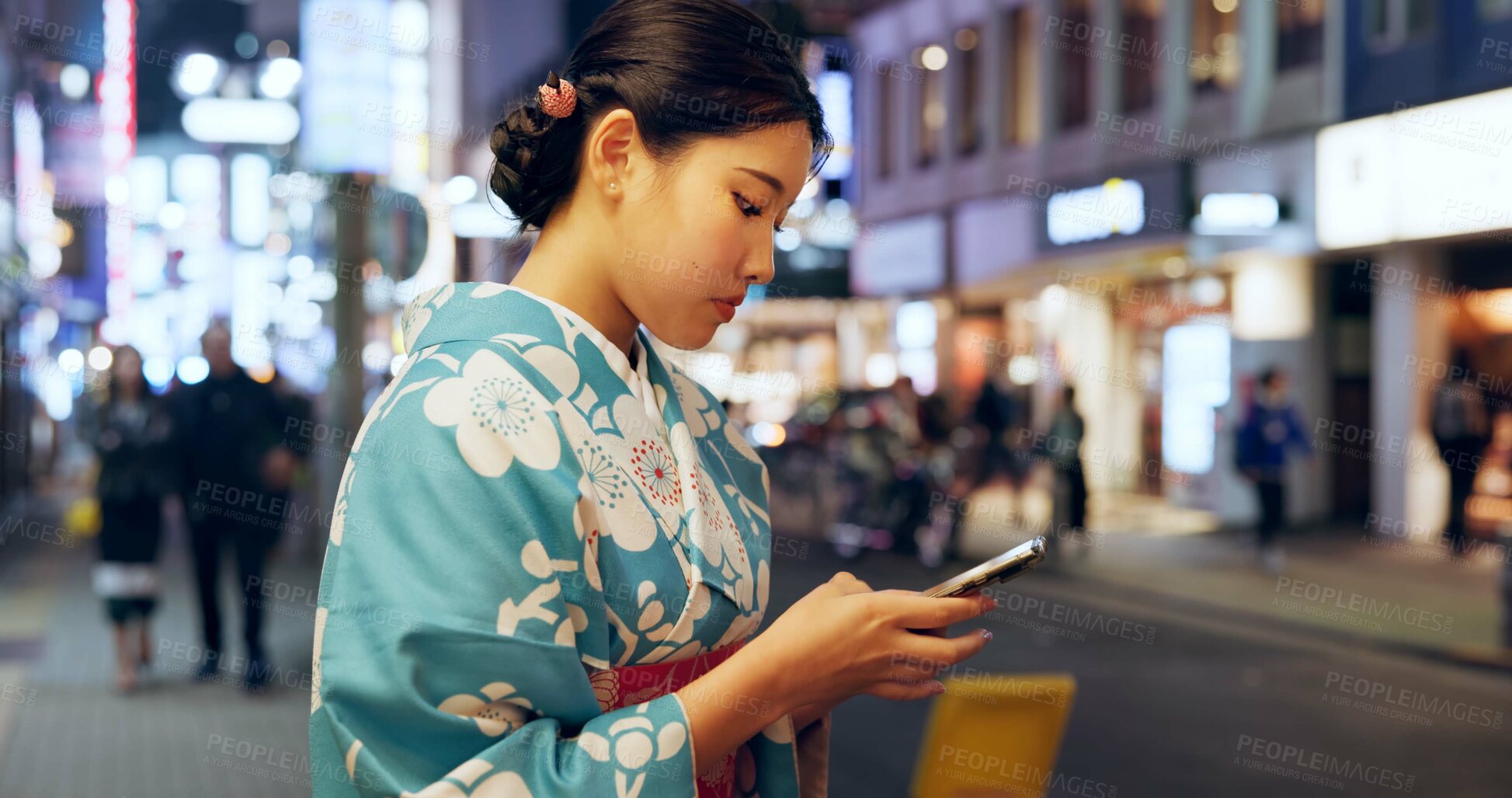 Buy stock photo Street, Japanese woman and smartphone with typing, internet and social media with traditional clothes. Person, outdoor and girl with a cellphone, mobile user and contact with network and digital app