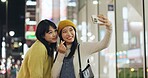 Friends, Japanese and selfie with women, smile and excited with blog post, memory and social media. People, smartphone or girls in a street, night and picture with pose, cheerful and bonding together