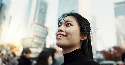 Buy stock photo Walking, smile and Japanese woman in the city for tourist sightseeing in the street on weekend trip. Happy, adventure and young female person commuting for travel in road of urban town in Kyoto Japan