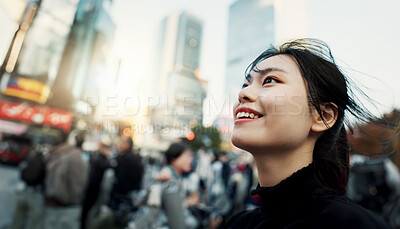 Buy stock photo Walking, travel and Japanese woman in the city for tourist sightseeing in the street on weekend trip. Smile, adventure and happy young female person commuting in road of urban town in Kyoto Japan.
