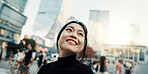 Japanese woman, city and happy with thinking, ideas and outdoor for vacation, travel or journey. Girl, person and smile on metro street, road or urban sidewalk for memory, vision or outdoor in Tokyo