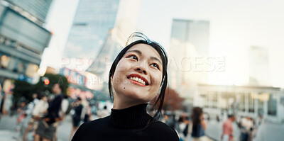 Buy stock photo Japanese woman, city and happy with thinking, ideas and outdoor for vacation, travel or journey. Girl, person and smile on metro street, road or urban sidewalk for memory, vision or outdoor in Tokyo
