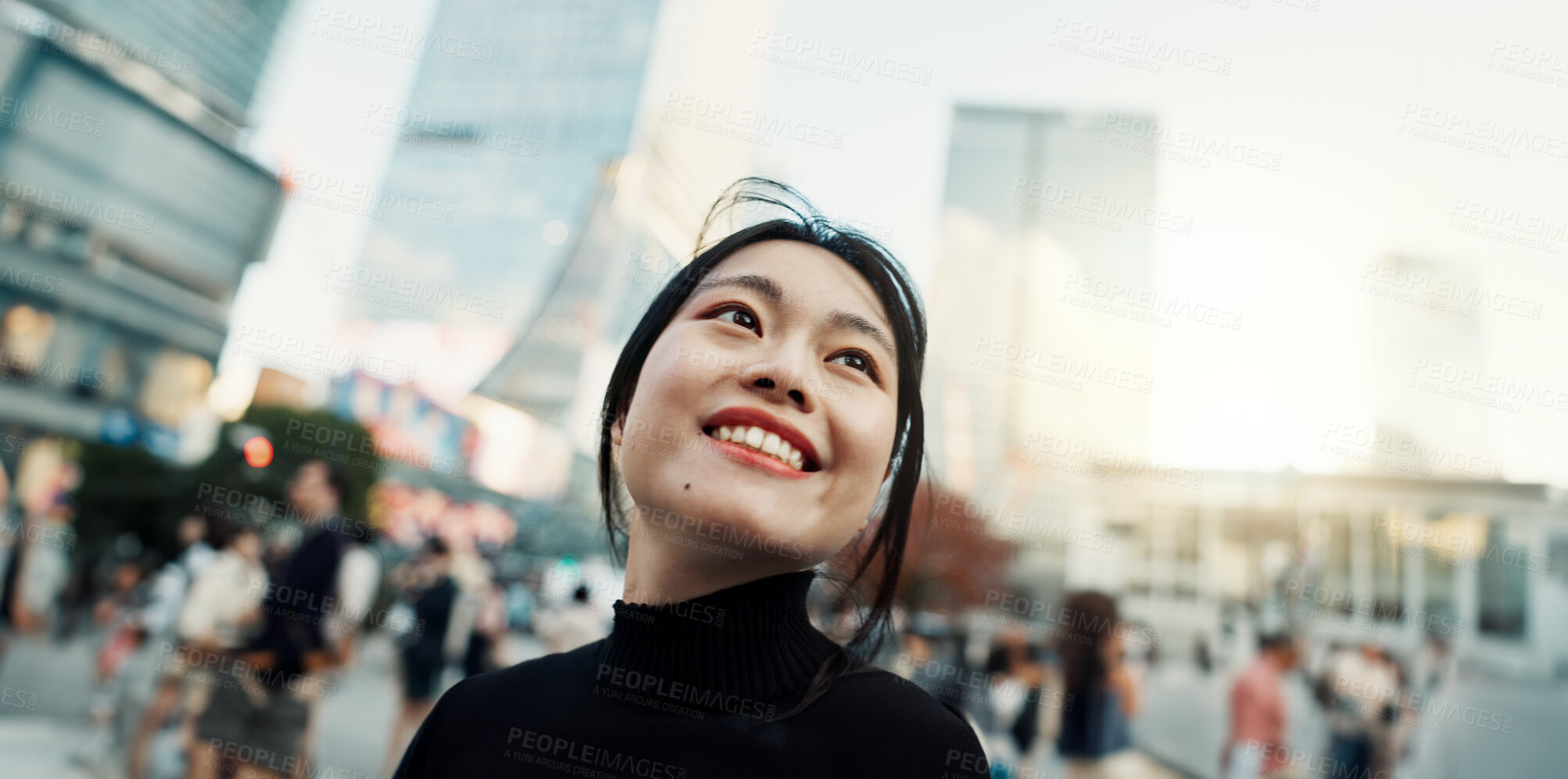 Buy stock photo Japanese woman, city and happy with thinking, ideas and outdoor for vacation, travel or journey. Girl, person and smile on metro street, road or urban sidewalk for memory, vision or outdoor in Tokyo