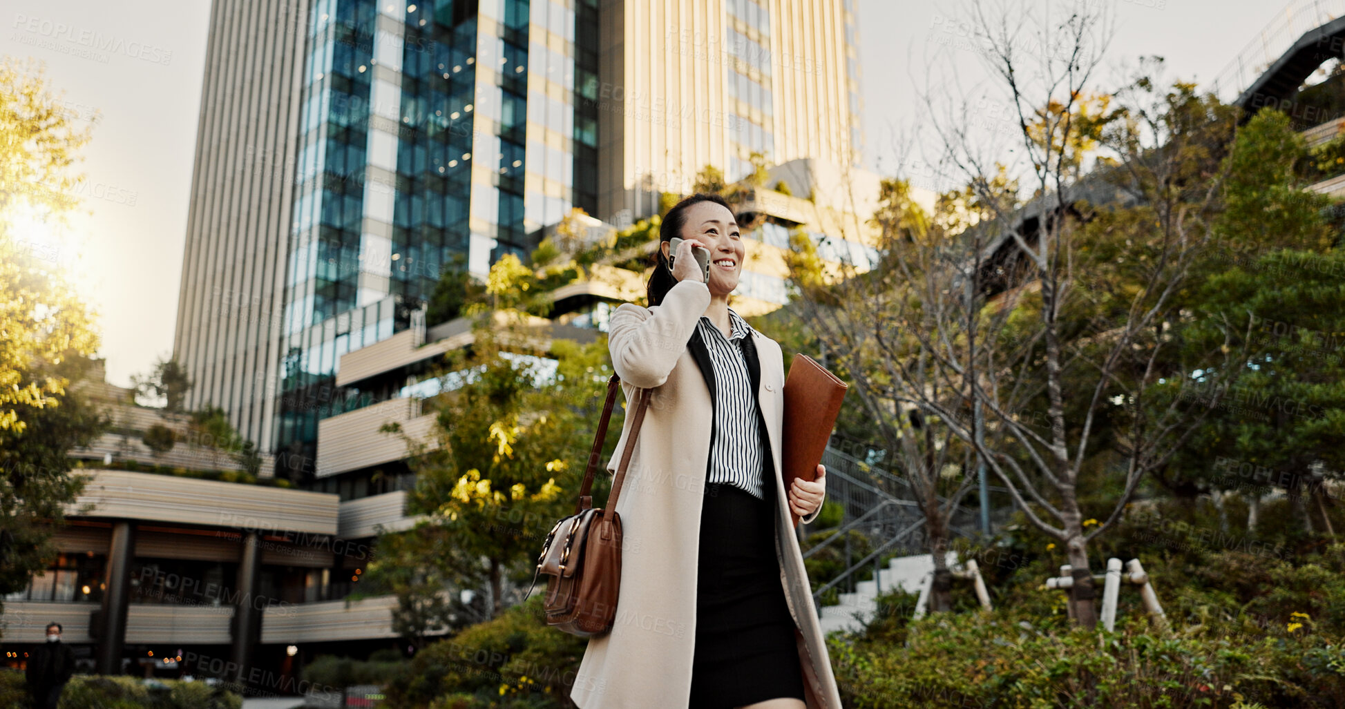 Buy stock photo Cit, phone call and woman with business, speaking and walking with network, digital app and communication. Japan, person and worker with a cellphone, connection or smile with contact and professional